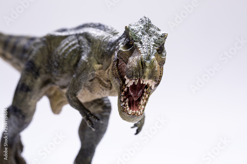 Closeup view of a Tyrannosaurus Rex figurine isolated on a white background