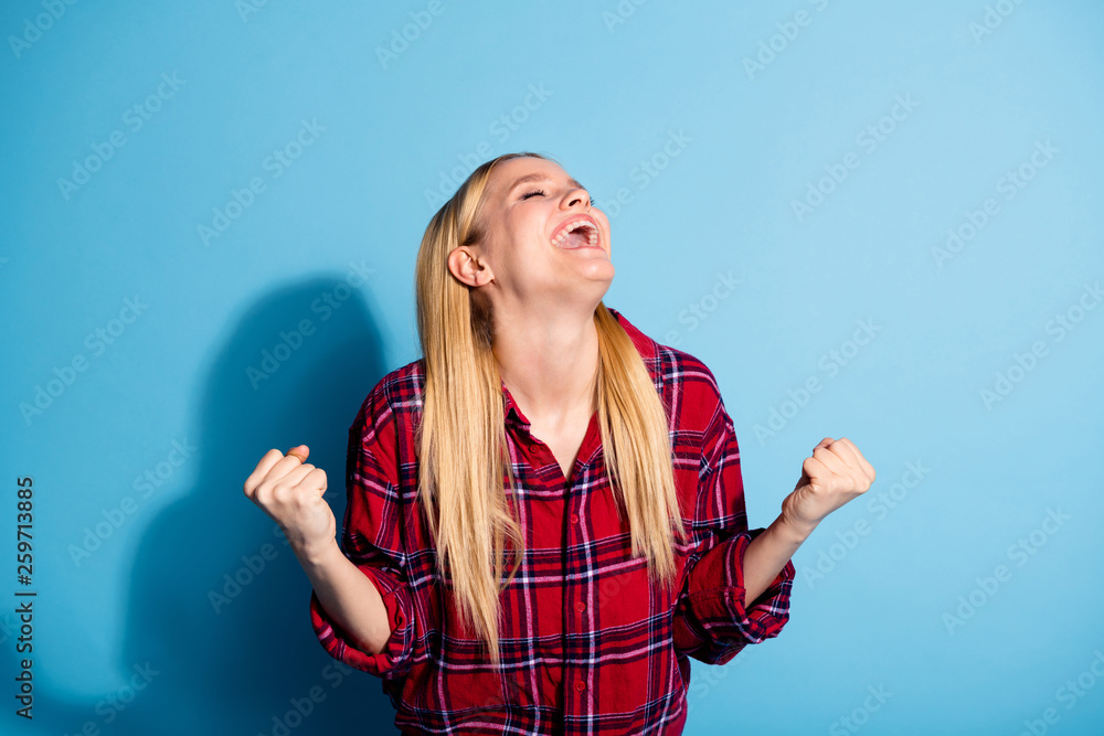 Fototapeta premium Close-up portrait of her she nice-looking charming cute lovely winsome attractive cheerful cheery crazy emotional lady celebrating win isolated over teal turquoise bright vivid shine background