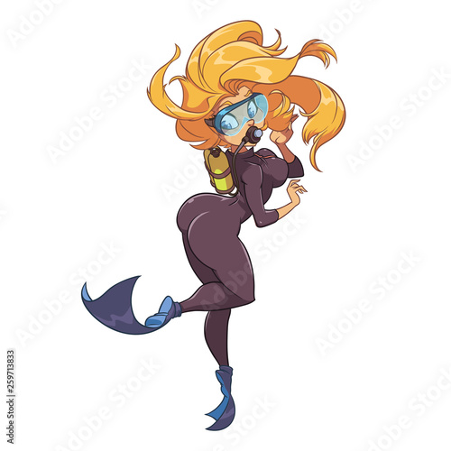 Sexy blonde woman in diving suit and goggles is swimming