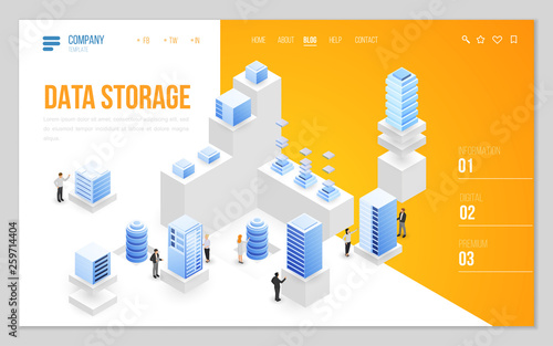 Design website or landing page template. Minimal modern high technology concept for data center with server or hosting. Isometric vector illustration.