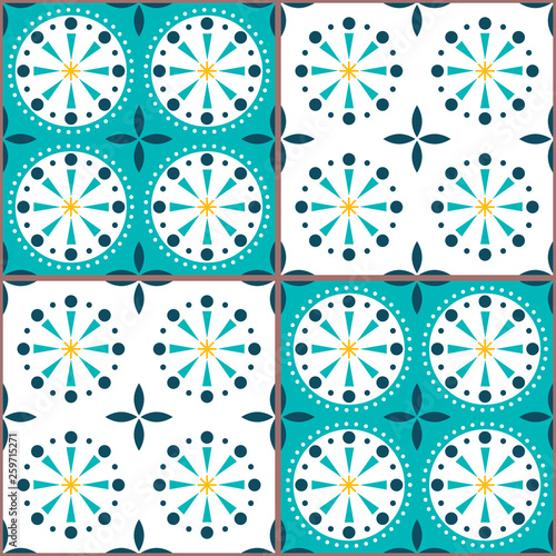 Spanish or Portuguese tiles vector pattern - Azulejos tile seamless design in turquoise and yellow