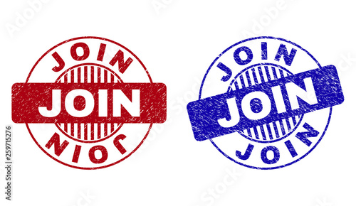 Grunge JOIN round stamp seals isolated on a white background. Round seals with grunge texture in red and blue colors. Vector rubber imitation of JOIN caption inside circle form with stripes.