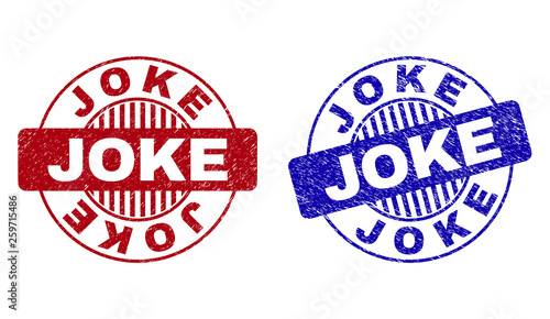 Grunge JOKE round stamp seals isolated on a white background. Round seals with grunge texture in red and blue colors. Vector rubber imitation of JOKE text inside circle form with stripes.