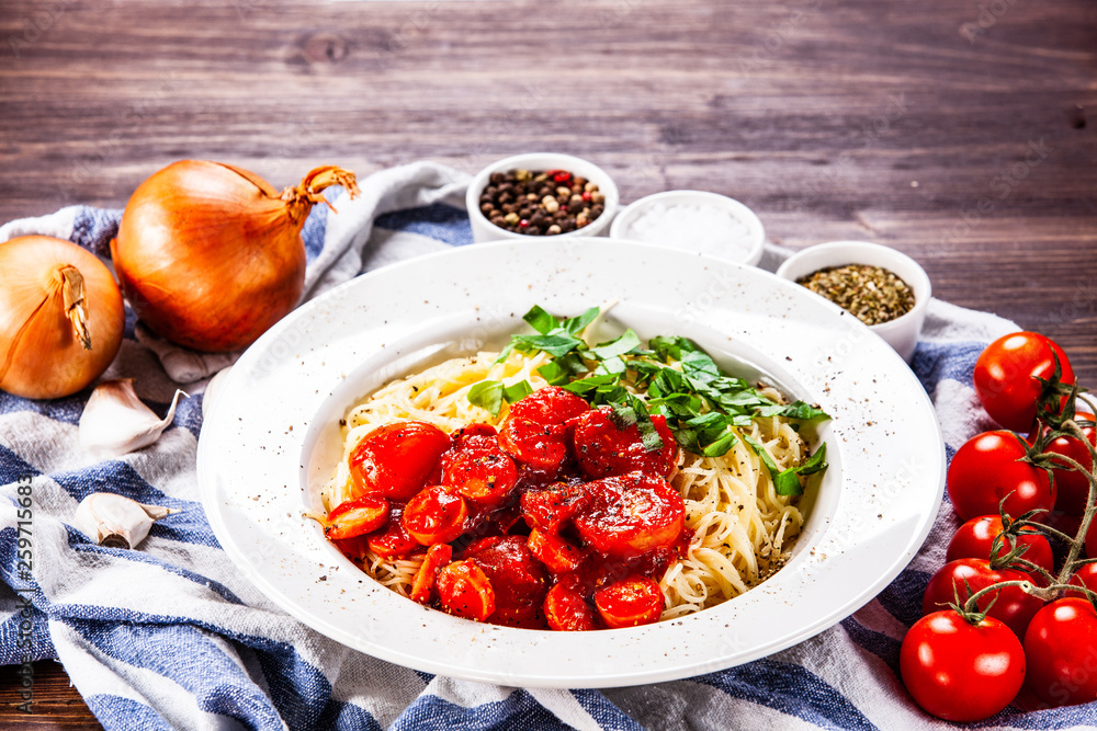 Pasta with tomato sauce and sausage Pasta with tomato sauce and sausage