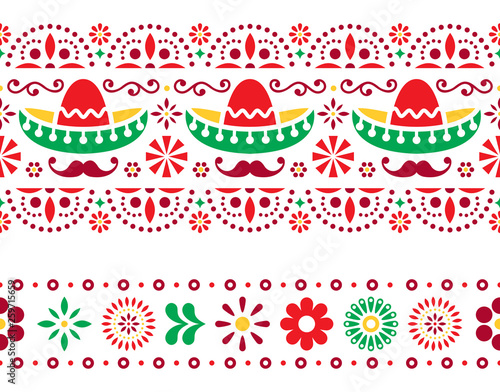 Mexican seamless vector pattern with sombrero, mustache and flowers - textile, wallpaper design