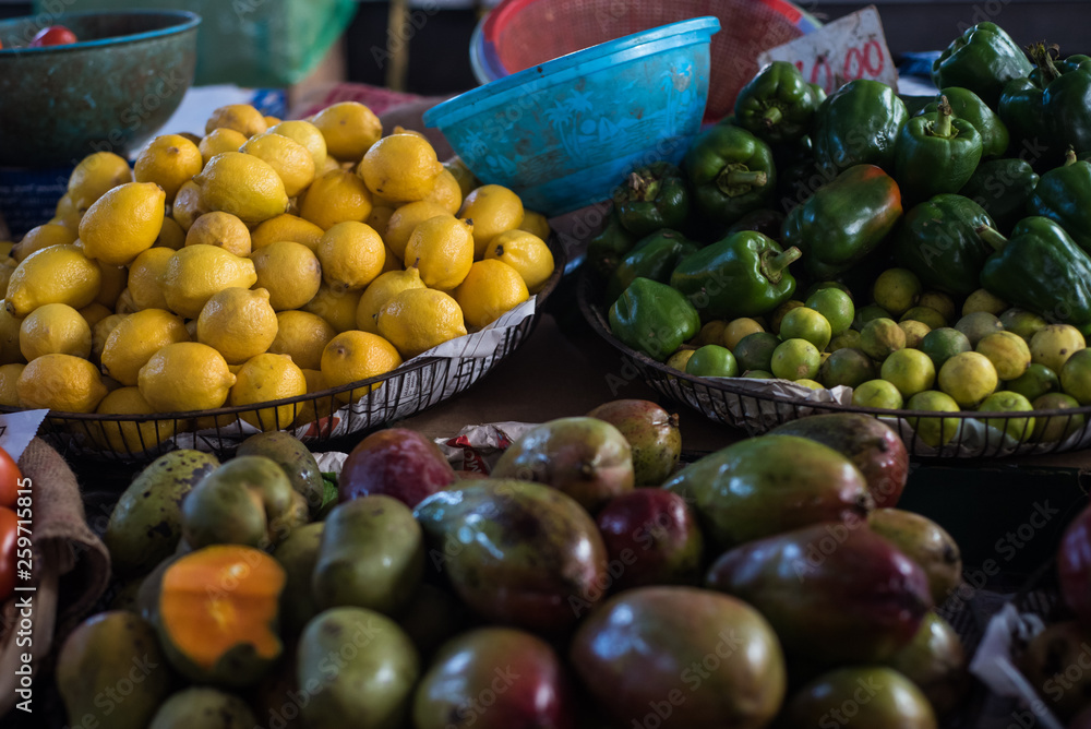 Exotic fresh fruits on tropical island market