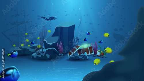 Underwater world, vector illustration with yellow fish, blue fish, rock, starfish, pearl, diver and treasure chest