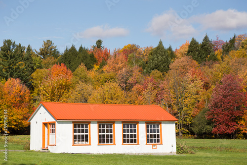 Small white and orange chicken coop against brilliantly coloured trees and blue sky in Portneuf County, Quebec, Canada