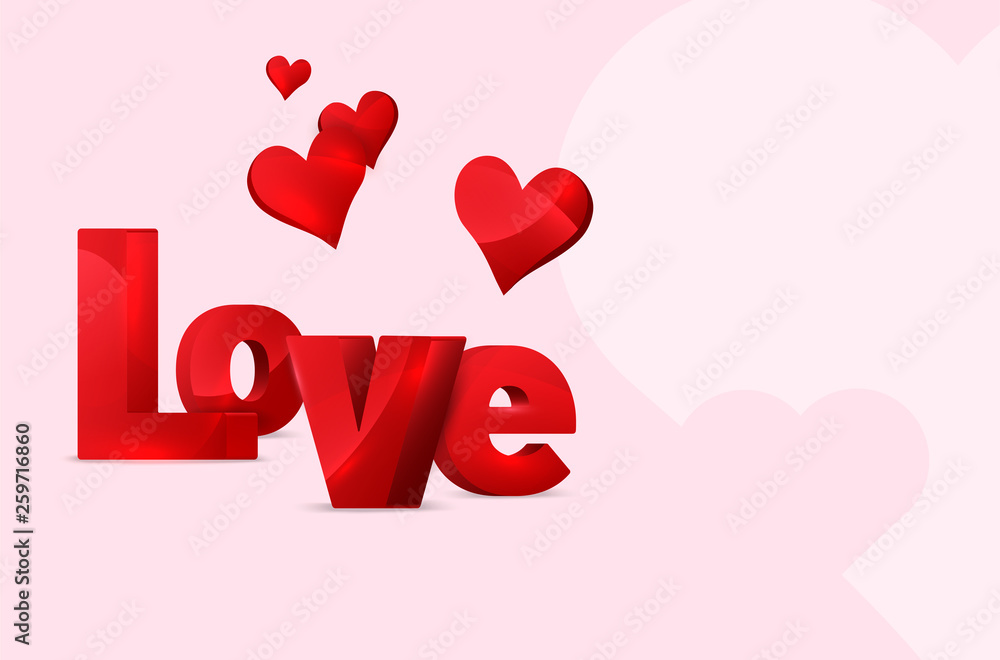 Three-dimensional inscription of LOVE word with abstract hearts Three-dimensional inscription of LOVE word with abstract hearts