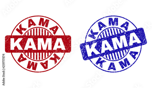 Grunge KAMA round stamp seals isolated on a white background. Round seals with grunge texture in red and blue colors. Vector rubber imprint of KAMA text inside circle form with stripes.