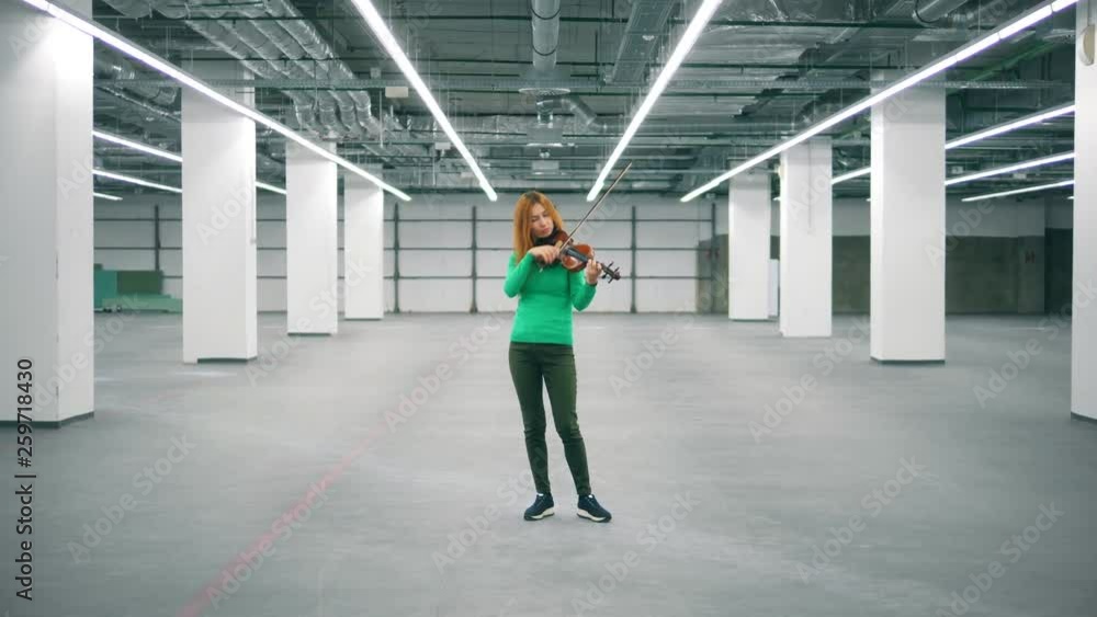 Spacious hall with a female violinist playing the instrument Spacious hall with a female violinist playing the instrument