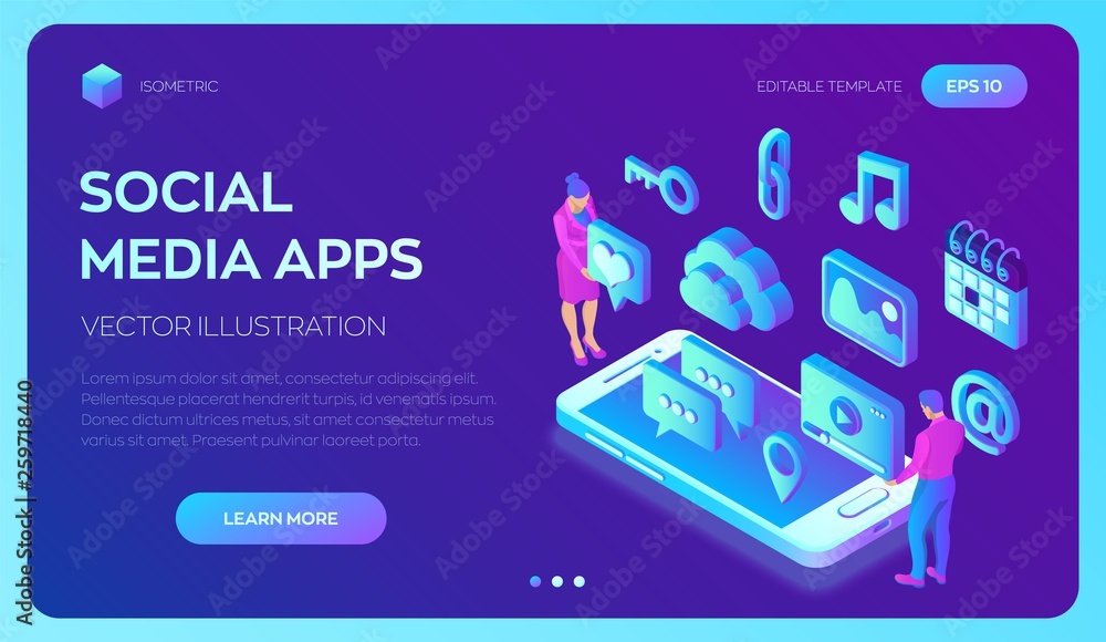 Social media apps on a smartphone. Social media 3d isometric icons. Mobile apps. Created For Mobile, Web, Decor, Application. Vector illustration infographic template with people and icons.