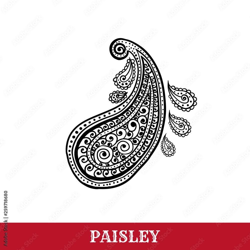 Paisley motif hand drawn isolated vector tattoo illustration. Buta ink pen isolated clipart. Persian ornate sketch drawing. Monochrome boteh curl. Greeting card, textile ornamental design element