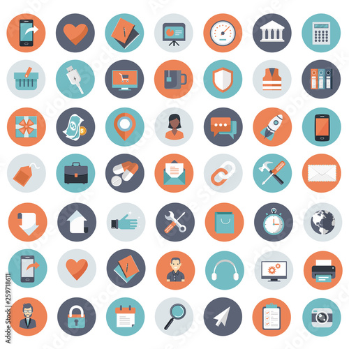 Business, management, finances and technology icon set for websites and mobile applications. Flat vector illustration