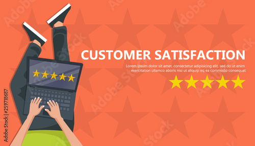 Rating on customer service illustration. Man sitting on the floor and holding tablet in his lap. Website rating feedback and review concept. Flat vector illustration