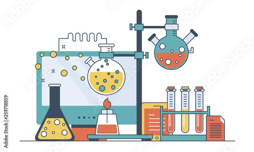 Laboratory equipment banner. Concept for science, medicine and knowledge. Flat vector illustration