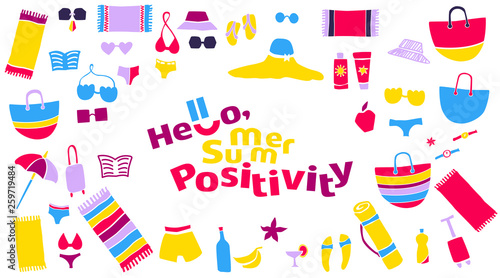 Beach vector set, vacation things, bright colors