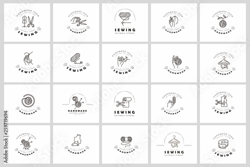 Vector icon and logo sewing and handmade. Editable outline stroke size. Line flat contour, thin and linear design. Simple icons. Concept illustration. Sign, symbol, element.