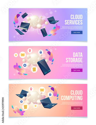 Cloud computing and data storage online services, hosting company web banners, landing pages set with personal computers, laptops and mobile phones, internet services icons around cloud illustration