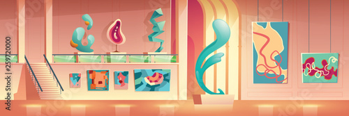 Contemporary art museum or gallery exhibition hall interior with abstract, abstractionism or cubism colorful paintings and geometrical sculptures, modern visual performance cartoon vector illustration