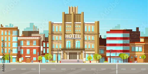 Modern city, town street flat vector with low-rise houses, commercial, public buildings in various architecture styles, sidewalk with city lights and road illustration. Metropolis outskirt background