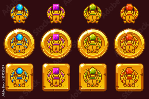 Egyptian scarab symbol of pharaoh with colored precious gems. Egyptian golden icons in different versions on separate layers.