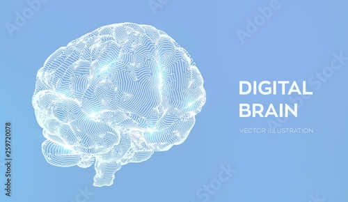 Brain. Digital brain. 3D Science and Technology concept. Neural network. IQ testing, artificial intelligence virtual emulation science technology. Brainstorm think idea. Vector illustration.
