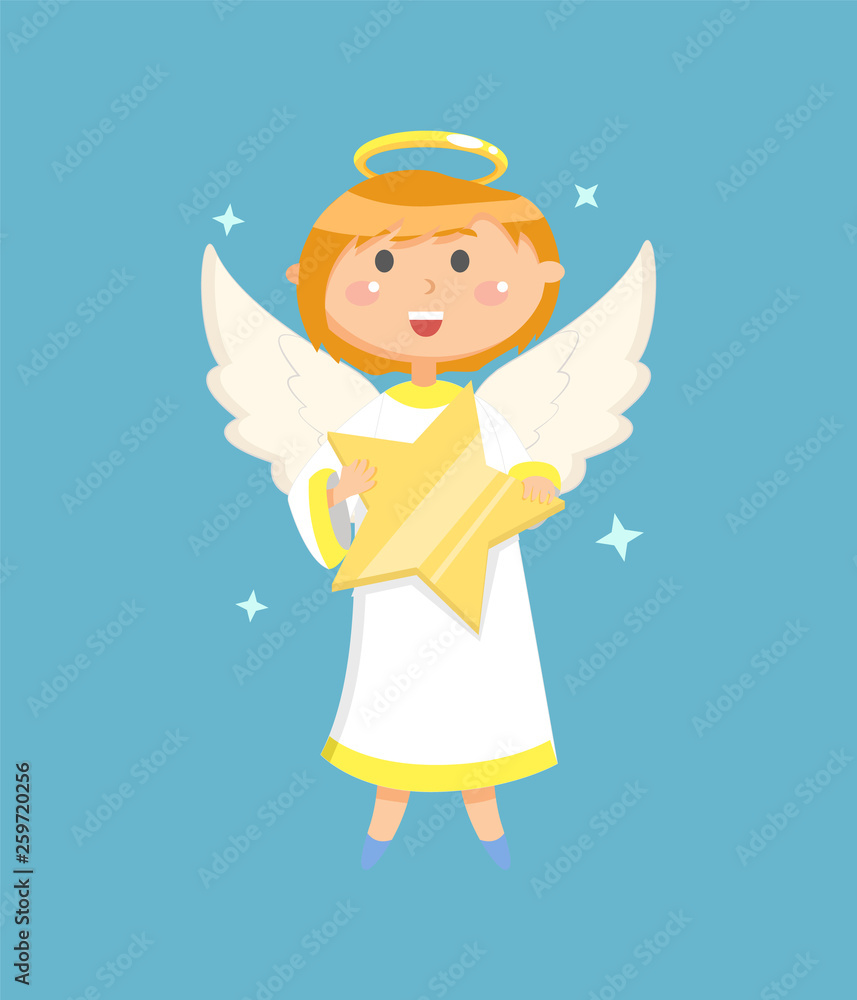Φωτογραφία Little person with wings and nimbus holding big glossy star, portrait view of fl