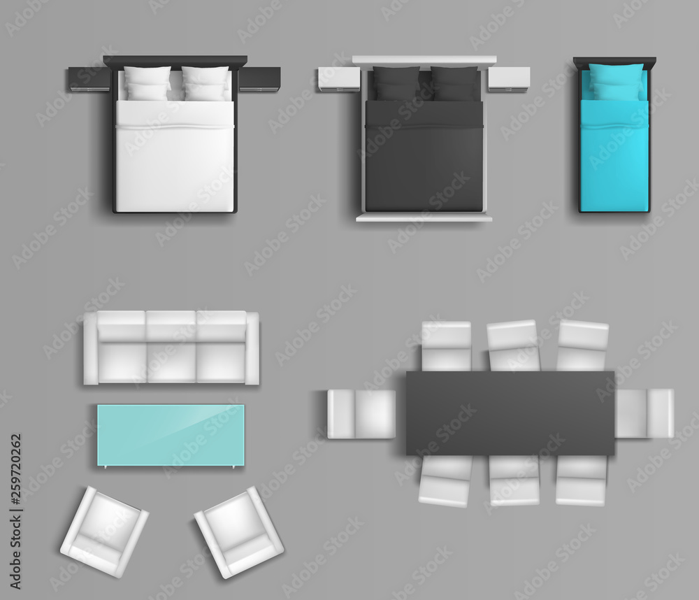 Sleeping bed with various color linens and pillows, soft chairs and