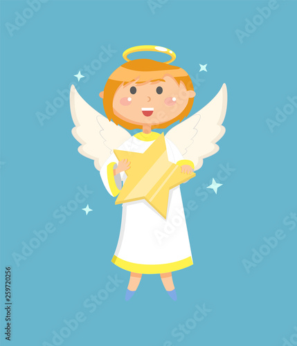 Little person with wings and nimbus holding big glossy star, portrait view of flying angelic character in white clothes, blue background with kid vector