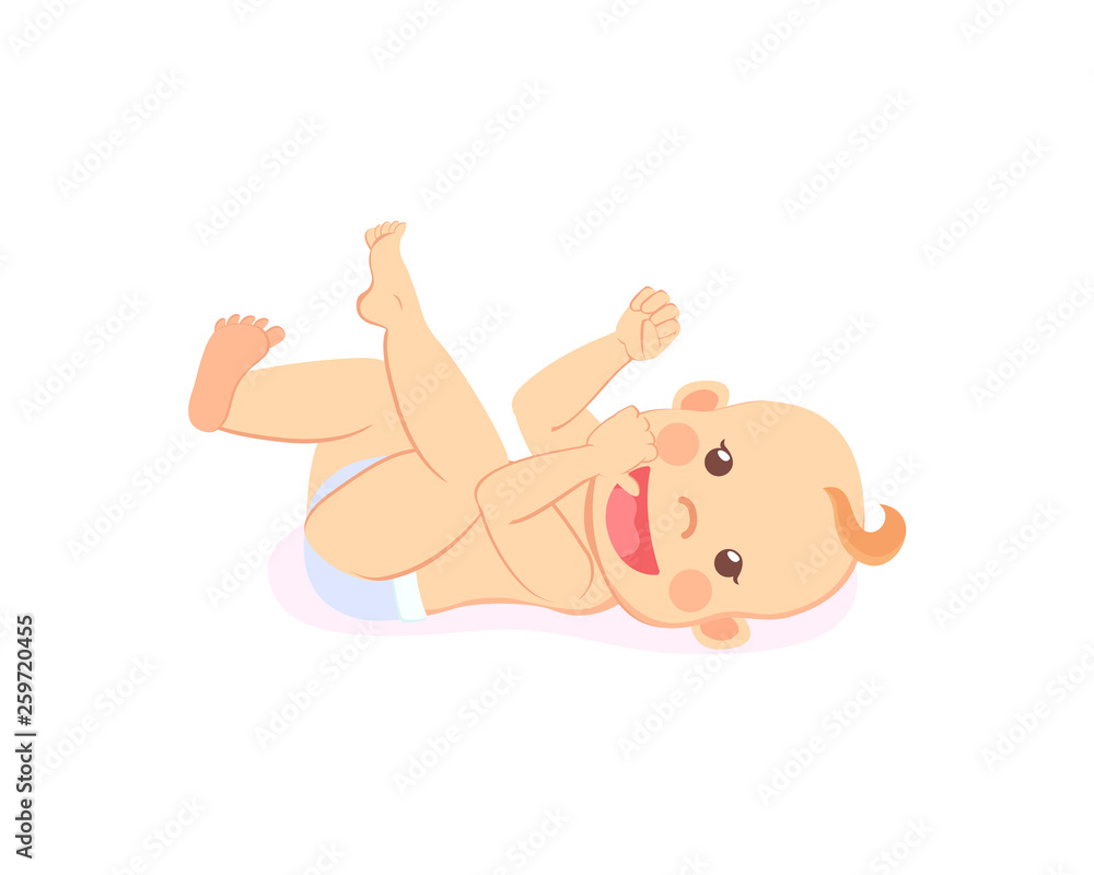 Baby in diaper with finger in mouth isolated cartoon character. Vector newborn milestones, infant lying on back, cartoon boy or girl toddler stares at face Baby in diaper with finger in mouth isolated cartoon character. Vector newborn milestones, infant lying on back, cartoon boy or girl toddler stares at face