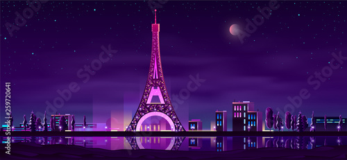Paris quay night landscape cartoon vector in neon colors with illuminated Eiffel Tower reflecting in river water illustration. Europe famous touristic attraction. Honeymoon romantic travel in France