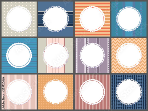 Set of poster with round frame spare place for text isolated on striped, dotted and waves background. Vector greeting card templates, ornamental circled napkins