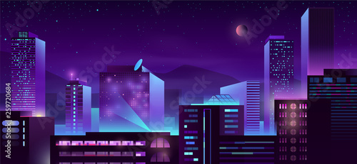 Modern city night skyline with illuminated skyscrapers buildings neon color cartoon vector illustration. Metropolis downtown streets. Urban architecture background with business centers, condominiums