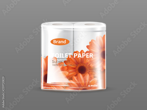 Super soft toilet paper plastic packaging with chamomile flower print and two rolls of natural cellulose paper inside 3d realistic vector isolated on grey background. Hygiene branded product mockup
