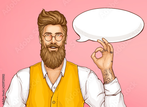 Happy smiling, bearded hipster man in glasses, white shirt and yellow waistcoat showing ok hand sign pop art vector illustration with blank speak cloud. Advertising banner, promotion poster template