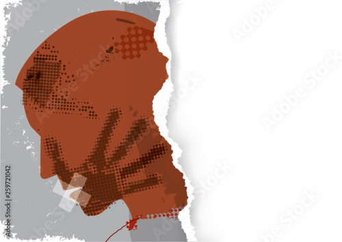 Man victim of Violence, ripped paper banner template.  Young man head grunge silhouette with with hand print after hand slap and mouth wrapped with tape .Place for your tex or image. Vector available.