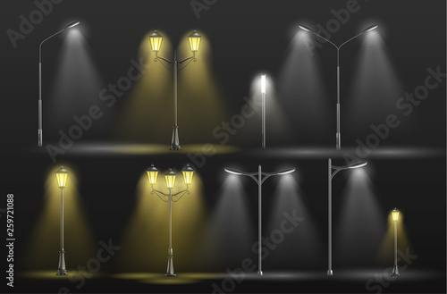 Various city street lights glowing in darkness yellow warm and cold white light 3d realistic vector set with old-fashioned, retro lampposts and modern electrical road lamps illustrations collection