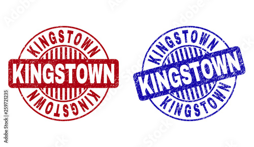 Grunge KINGSTOWN round stamp seals isolated on a white background. Round seals with grunge texture in red and blue colors. Vector rubber imprint of KINGSTOWN caption inside circle form with stripes.