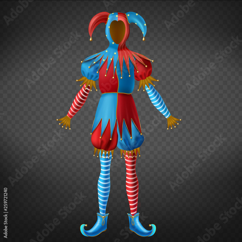 Jester red and blue costume with bells on horned hat, striped leggings and twisted toe shoes 3d realistic vector isolated on transparent background. Masquerade, costumed party dressing illustration