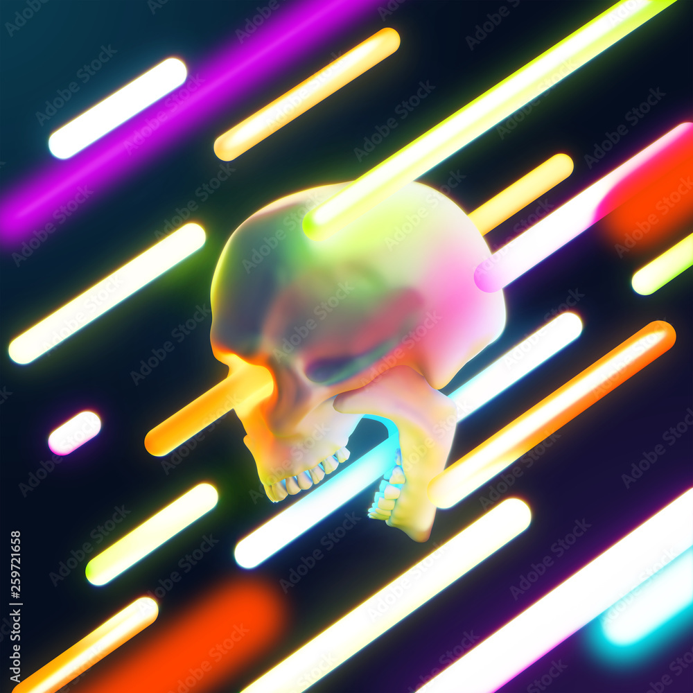 Realistic human skull with abstract neon shapes on black background. 3d ...