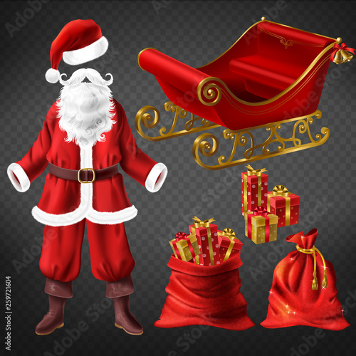 Santa Claus costume with leather boots, red hat, false beard, sleigh and christmas stocking sock, large sack full of beautifully gift boxes 3d realistic vectors set isolated on transparent background