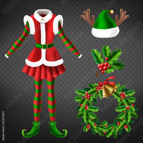 Winter holidays realistic vector icons set. Elf costume green wreath holly leaves with red berries and Christmas bells, masquerade hat with deer horns illustrations isolated on transparent background
