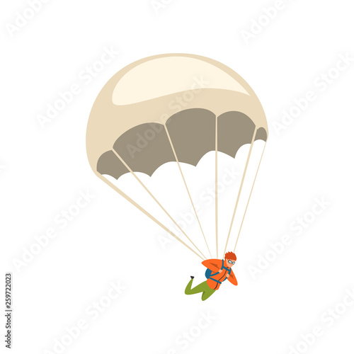 Young man descending with a parachute in the sky, parachuting sport and leisure activity concept vector Illustration on a white background