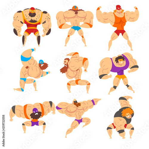 Powerful wrestling fighter characters set, professional wrestler of recreational sports show vector Illustrations on a white background