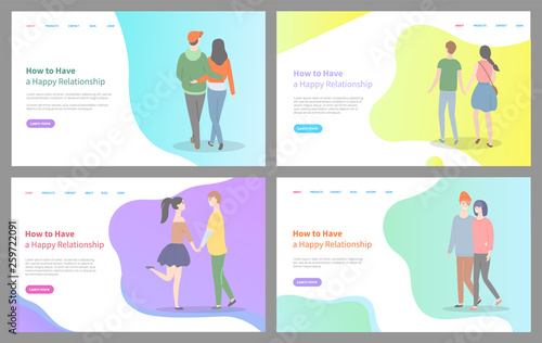 How to build happy relationship vector, man and woman holding hands of each other, relaxed people in love, cuddling and embracing tender. Website or webpage template, landing page flat style
