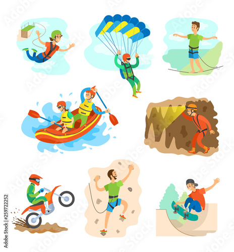 Extreme sports vector, speleotourism man in cave with flashlight, bungee jumping woman and highlining. Skydiving and wall climbing, skateboarding biking
