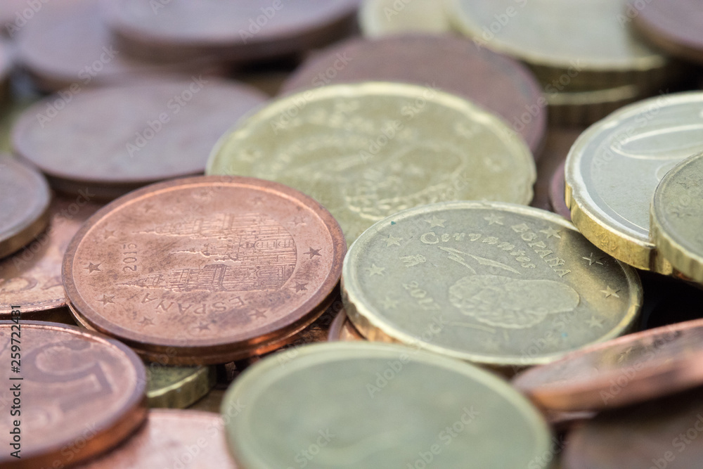 Euro cents coins with a small face value. Savings of coins. Euro cents coins with a small face value. Savings of coins.