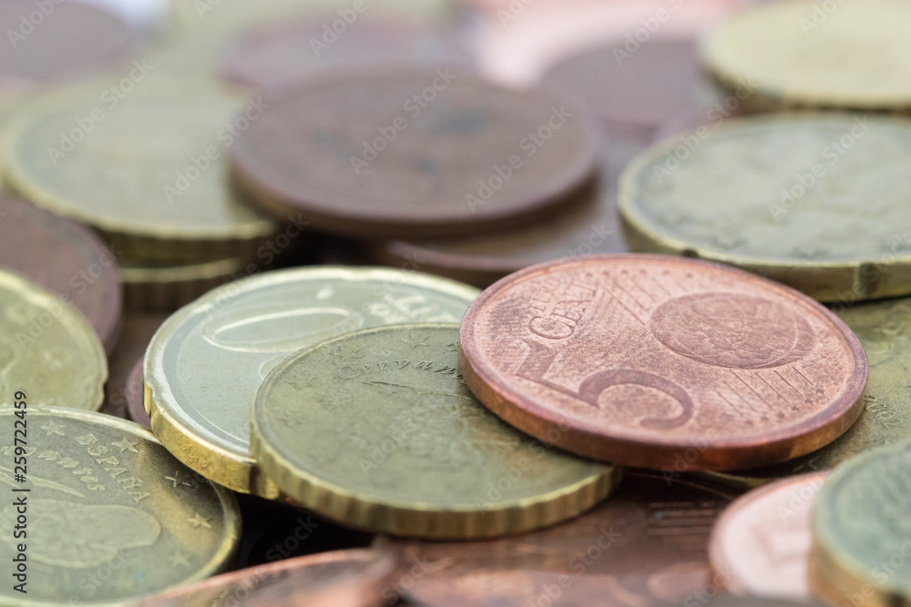 Euro cents coins with a small value. Savings of coins. Euro cents coins with a small value. Savings of coins.