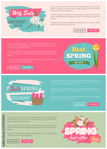 Best spring big sale advertisement with flowers daisy, basket of lilac, violet and rose bouquet. Posters set with natural decorations, womens day vector